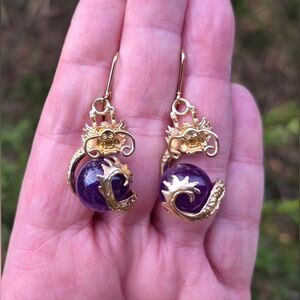 Chinese Dragon Amethyst Sphere Gold Tone Lever Back Pierced Earrings